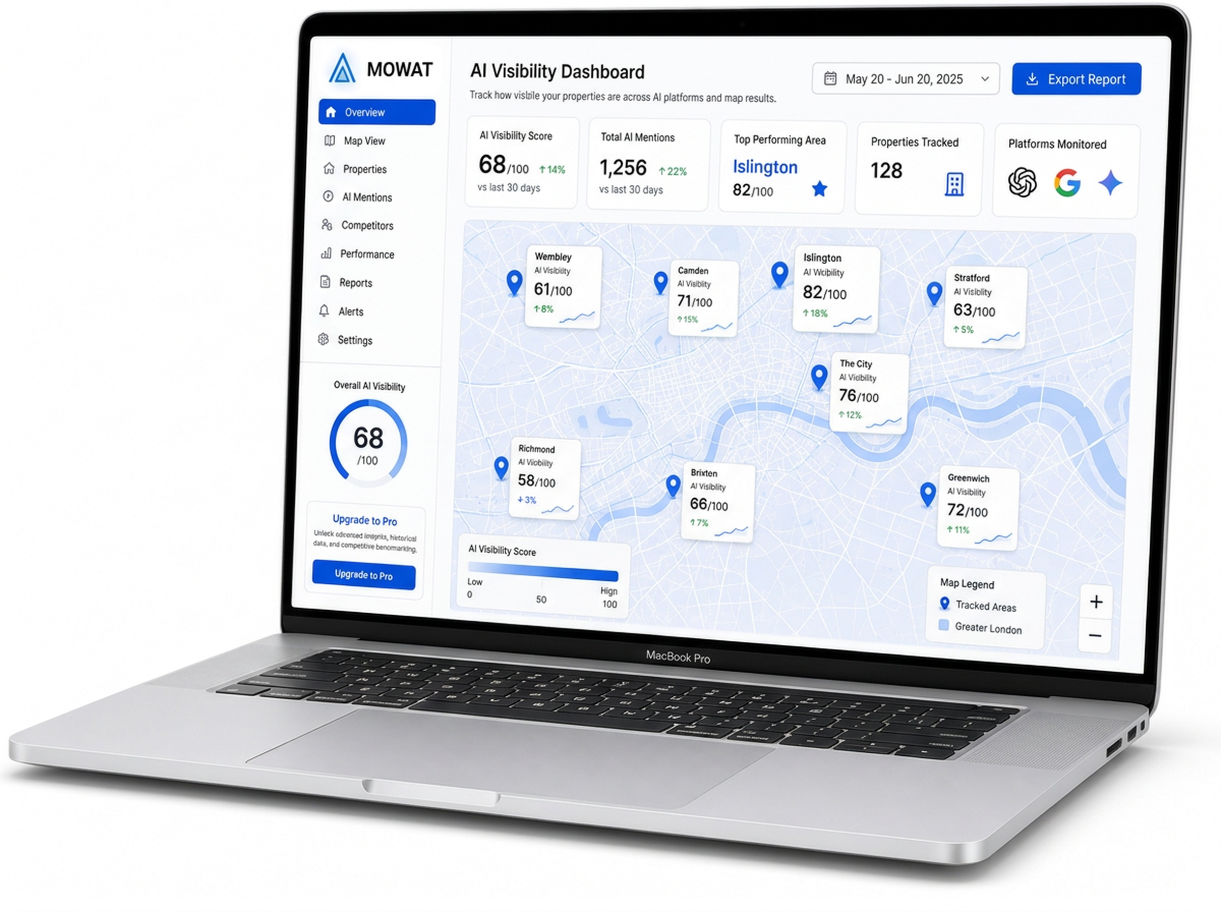 Laptop dashboard showing AI visibility scores for London real estate areas